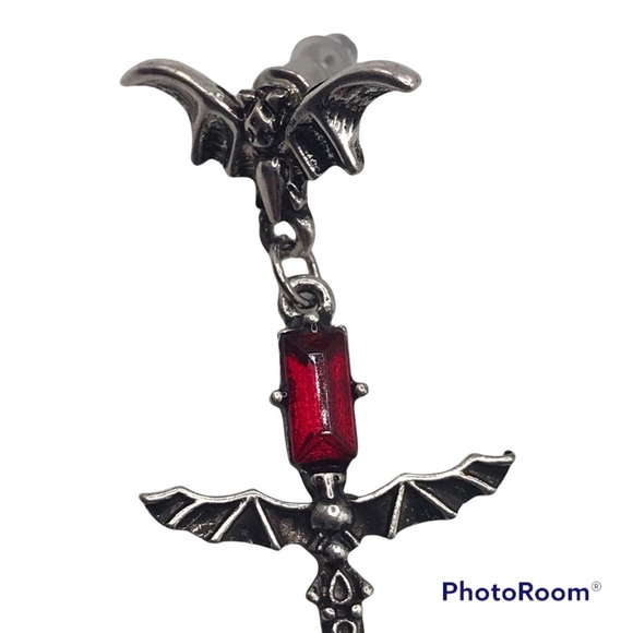 Bat w Jeweled Bat Sword Earrings Gothic Goth Halloween new - Picture 3 of 4